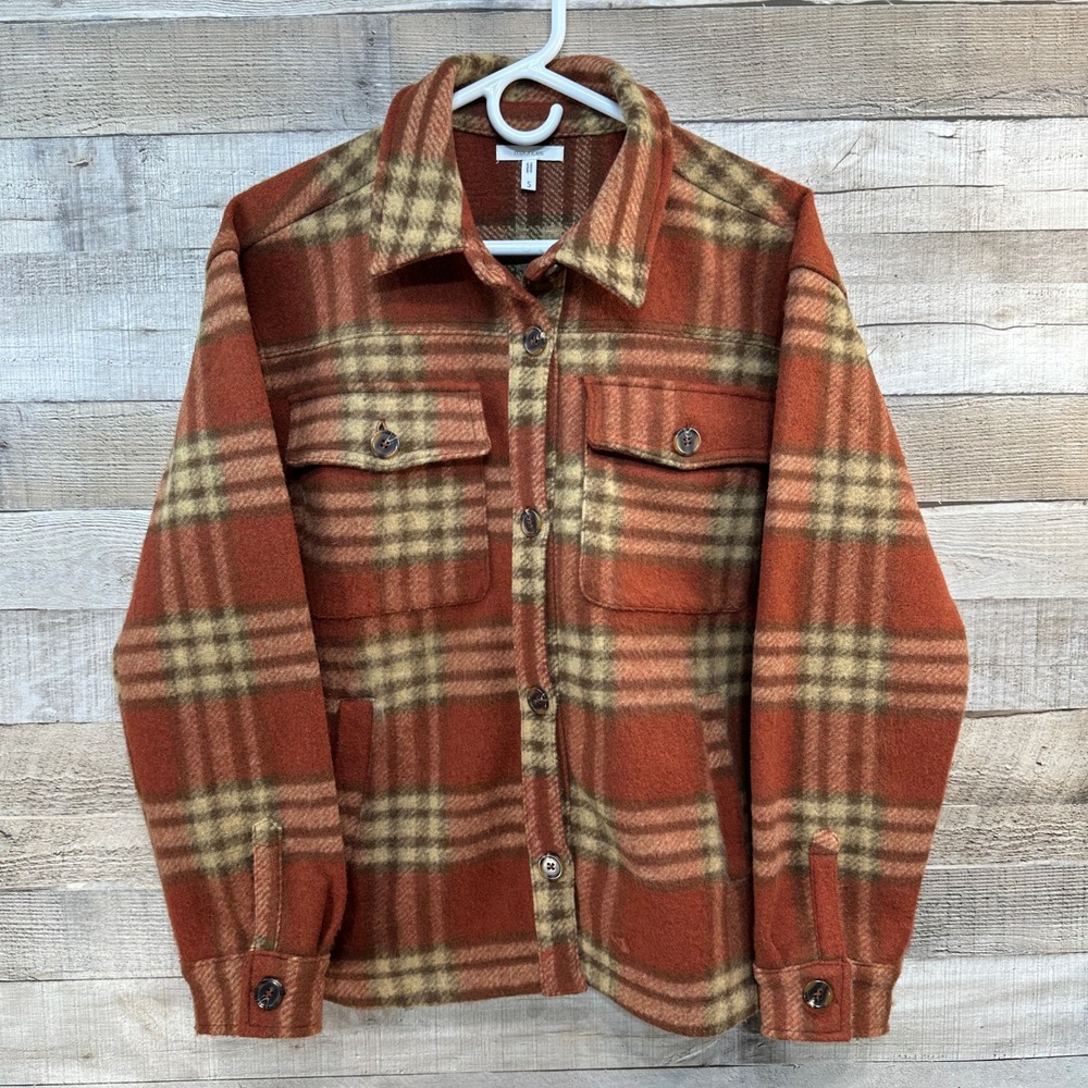 Maurices Women Orange Brown Plaid Fleece Shacket Shirt Jacket Size‎ Small